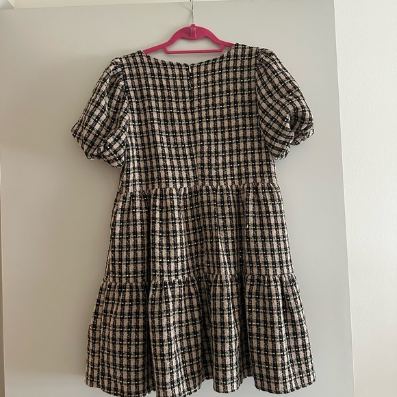 Square Neck Plaid Puff Sleeve Midi Dress - Black & Cream - Picture 3 of 6